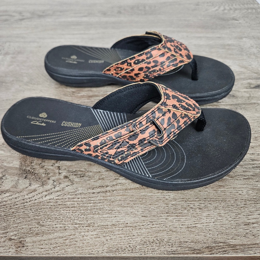 Clarks Cloudsteppers Sandal Sz 6 Brinkley Reef Leopard Print Flip Flop Black Tan